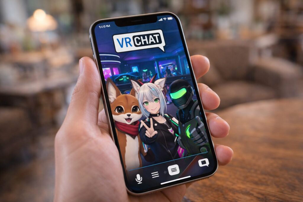 VRChatはスマホで遊べる？iPhoneで「動画のあの世界」へ行くための完全攻略ガイドを解説するアイキャッチ画像