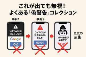 iPhoneの画面に表示される『ウイルスが検出されました』などの偽のセキュリティ警告画面の例。