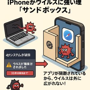 iPhoneのアプリがサンドボックスという隔離された領域で動作し、ウイルスがシステム全体に拡散するのを防ぐ仕組みの図解。