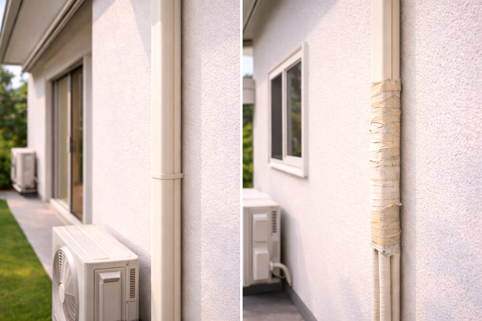 A photorealistic, high-quality hero image suitable for a Japanese blog eye-catch (16:9). Depict a modern house exterior wall with a neatly installed air conditioner piping cover (slim duct) matching the wall color, contrasting with a worn-out tape-wrapped pipe. Clean environment, natural lighting, no text.